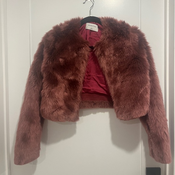 Babaton Cropped Burgundy/Wine Fur Jacket - Picture 1 of 2